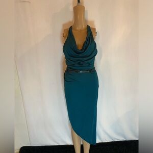 Halston heritage dark PineGreen cowl neckline halter exposed back strap belated